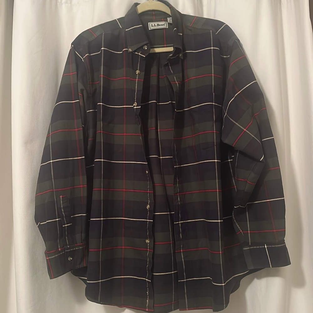 VTG L.L. Bean Green Navy Res Plaid Button-down Shirt Size L Regular